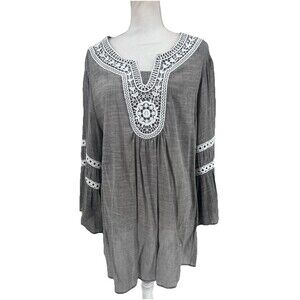 Cal Style Gray Boho Lace Tunic Size 2XL Lightweight Bell Sleeves Hippie